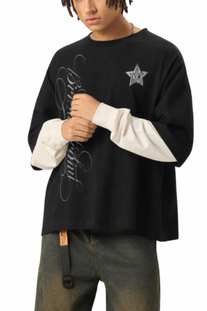 Layered Contrast Sleeve Cotton T-Shirt